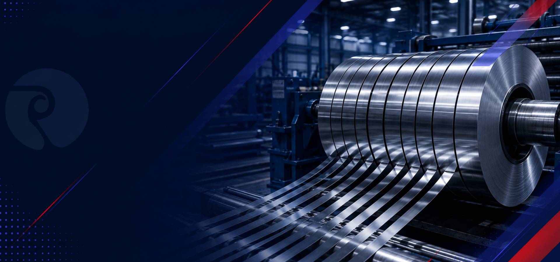 Stainless steel coil being slit into strips on the Riddhi Siddhi Impex line